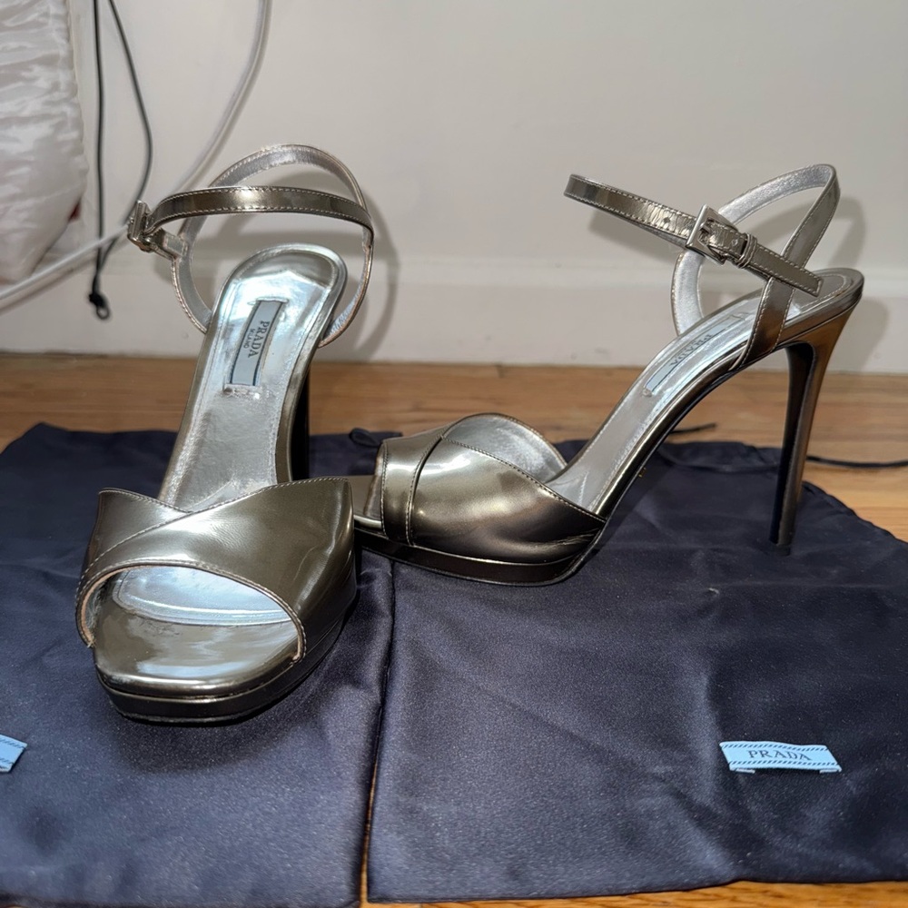 Prada Metallic Stiletto Heels with Ankle Strap
